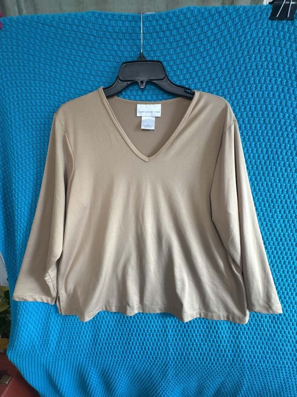 Susan Graver Style Beige V-Neck 3/4 Sleeve Micropoly Blend Top Size XL